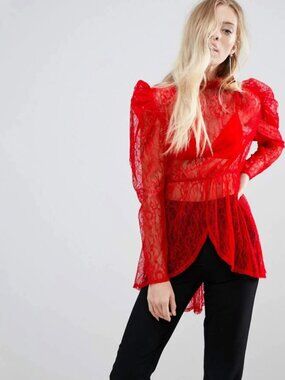 Asos Premium Longline Lace Puff Sleeve Blouse